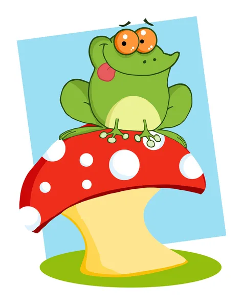 Frog Sitting On A Mushroom Over Blue — Stock Photo, Image