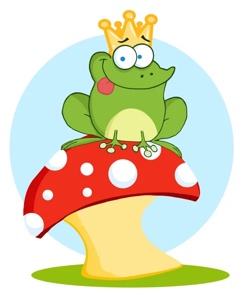 Frog Prince Sitting On A Mushroom Over Blue — Stock Photo, Image