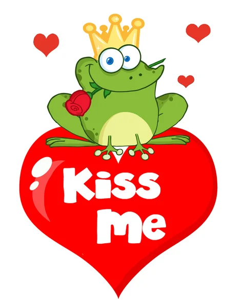 Frog Prince With A Rose On A Kiss Me Heart — Stock Photo, Image