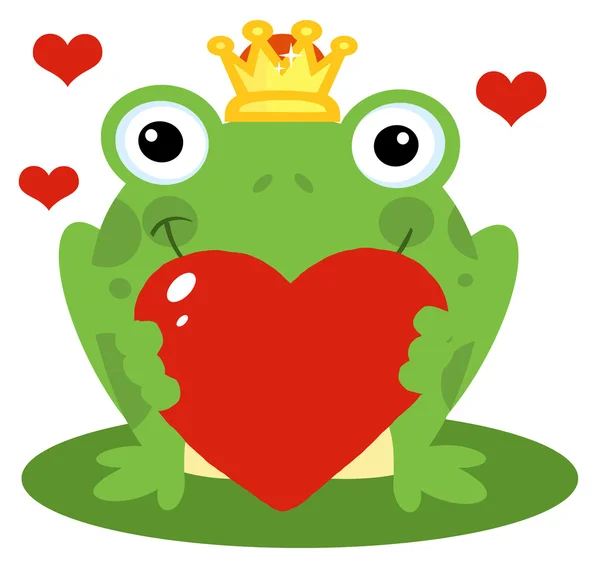 Βάτραχος πρίγκιπας που κρατώντας μια κόκκινη καρδιά — Φωτογραφία Αρχείου