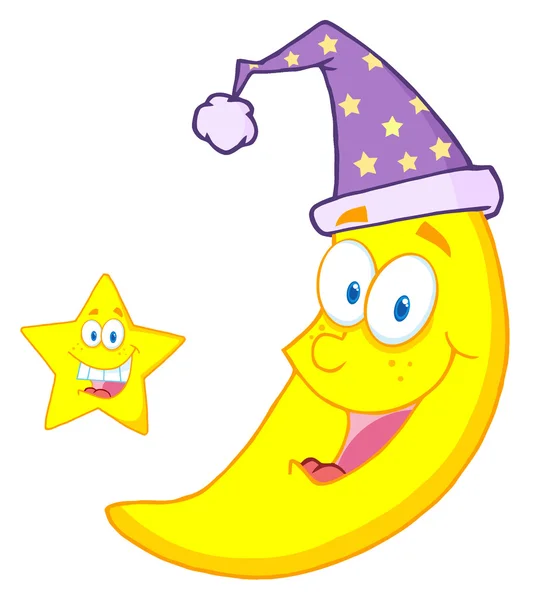 Happy Star And Moon Mascot Cartoon Characters — Stock Photo, Image