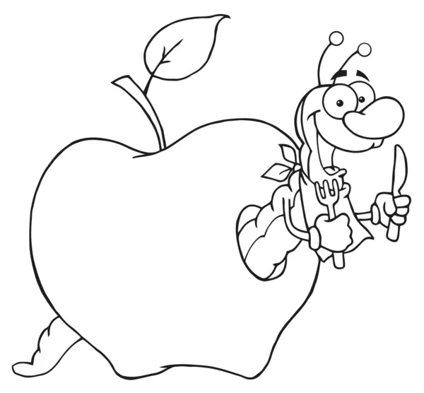 Outlined Hungry Worm In An Apple — Stock Photo, Image