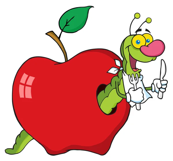 Worm com fome em uma maçã vermelha — Fotografia de Stock