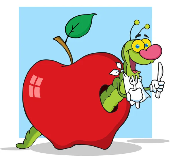 Πεινασμένος σκουλήκι σε ένα κόκκινο μήλο πάνω από ένα μπλε τετράγωνο — 图库照片