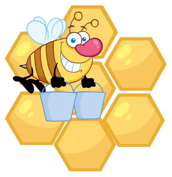 Trabalhador abelha transportando dois baldes sobre favos de mel — Fotografia de Stock