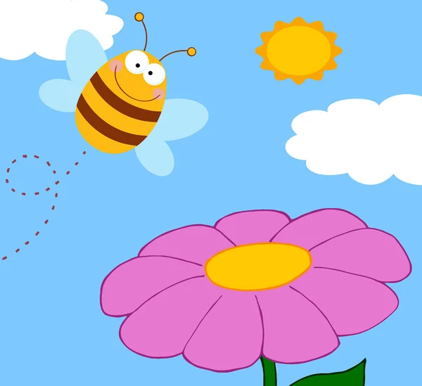 Glückliche Biene, die eine lila Blume bestäubt — Stockfoto