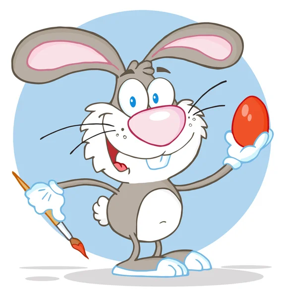 Happy Gray Rabbit Painting Easter Egg — Stock Photo, Image