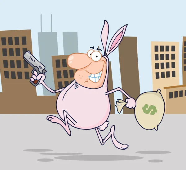 Грабитель бежит по городу в костюме кролика — стоковое фото