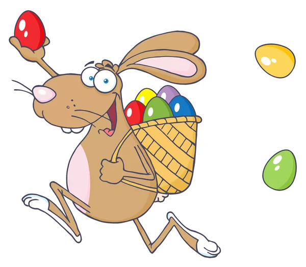 Happy Easter Rabbit Running With A Basket And Egg — Stock Photo, Image