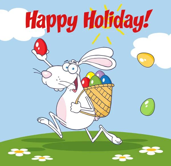 在参加复活节彩蛋一个白色兔子快乐复活节贺卡 — 图库照片