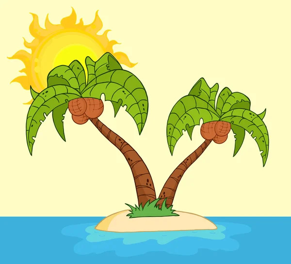 Kaksinkertainen palmuja trooppisella saarella, yli keltainen — kuvapankkivalokuva