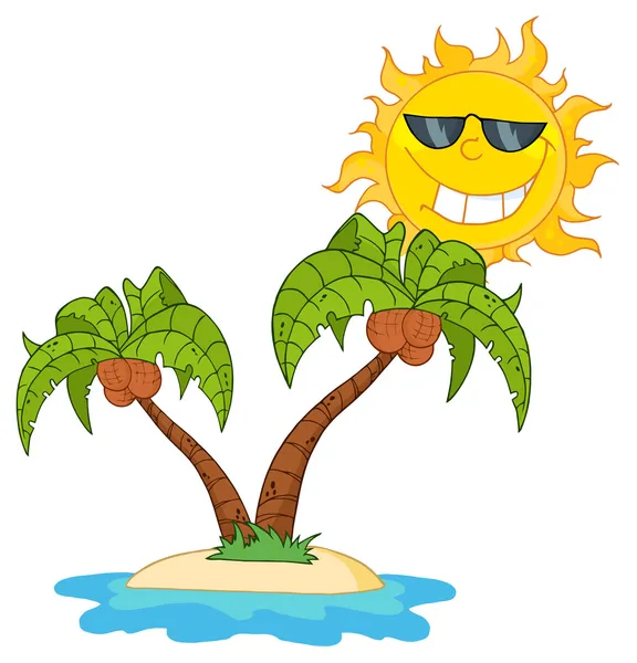 岛，两棵棕榈树和太阳 — 图库照片