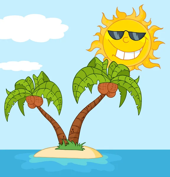Isla con dos palmeras y dibujos animados Sun —  Fotos de Stock
