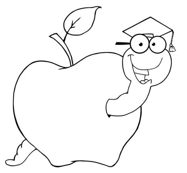 Outlined Student Worm In An Apple — Stock Photo, Image
