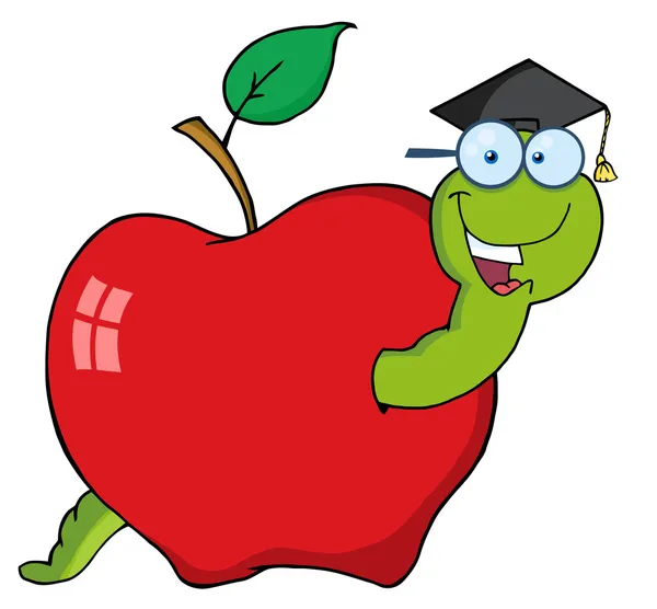 Gusano estudiante feliz en una manzana —  Fotos de Stock