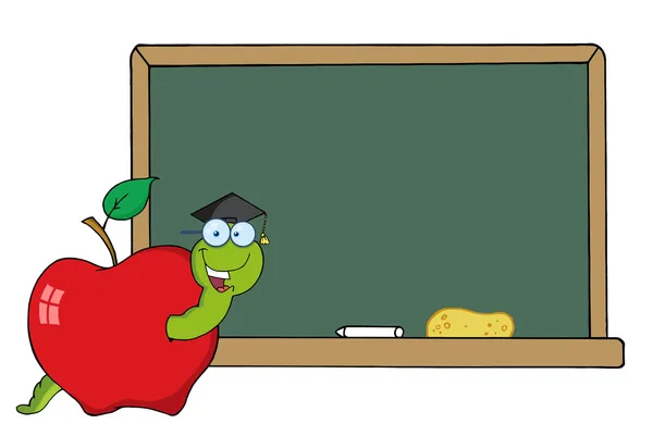 Worm estudante feliz em uma maçã por um quadro — Fotografia de Stock