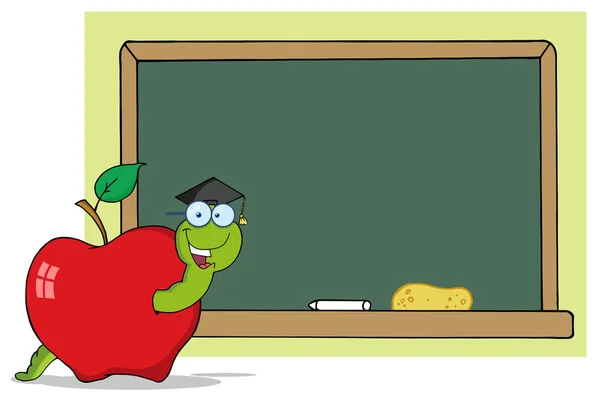 Worm estudante em uma maçã por um quadro — Fotografia de Stock
