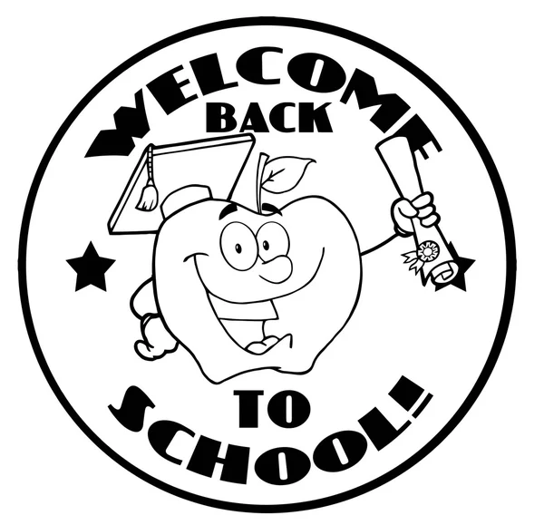 Czarno -białe, Witamy z powrotem do jabłko okręgu i uczeń szkoły — Zdjęcie stockowe
