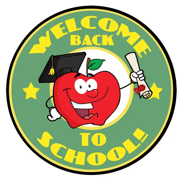 Välkommen tillbaka till skolan cirkel och student apple innehar ett examensbevis — Stockfoto