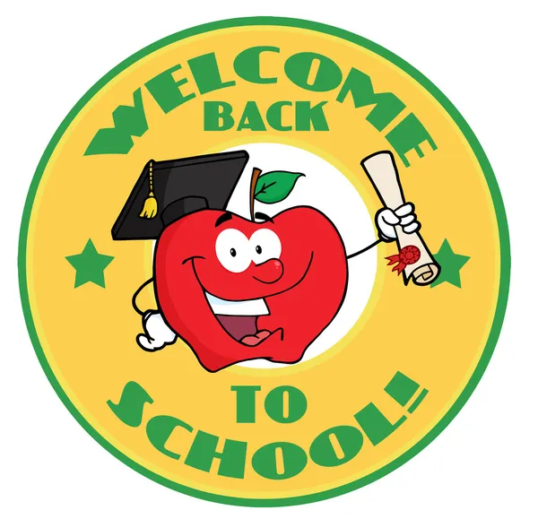 Willkommen zurück im Schulkreis und Schüler-Apfel mit Diplom — Stockfoto
