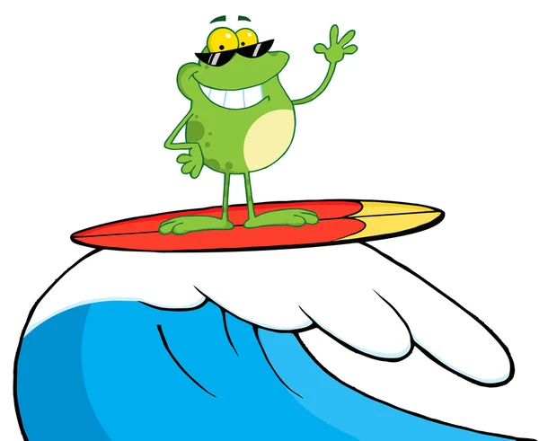 在冲浪时的快乐青蛙 — 图库照片