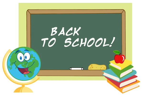 Íróasztal globe által egy vissza iskola chalkboard — Stock Fotó