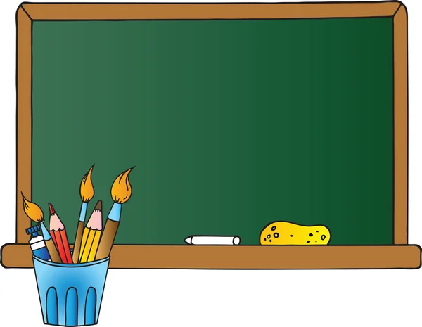 Chalkboard escola e copo de lápis — Fotografia de Stock