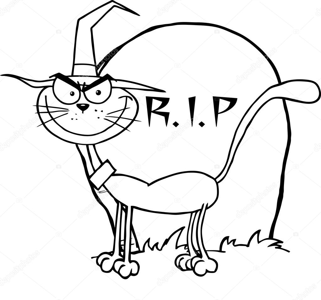 Outlined Witch Cat By A Tombstone