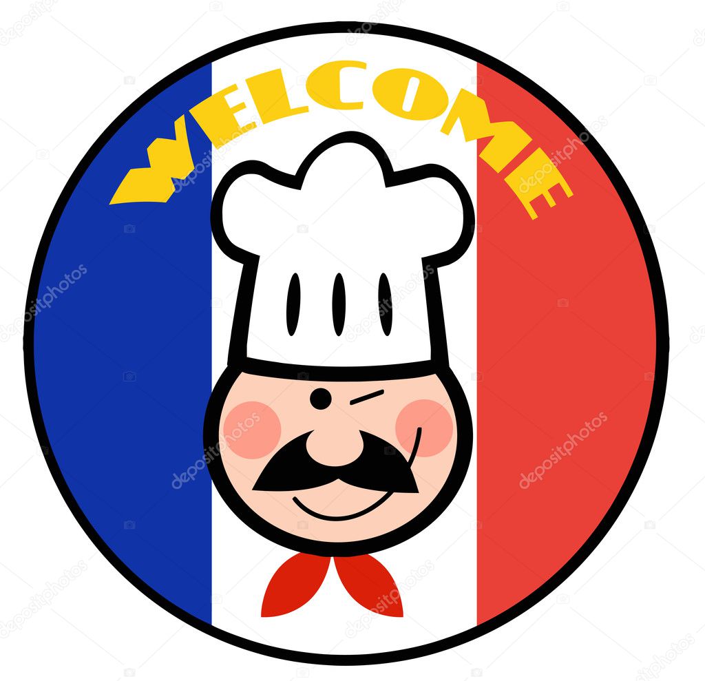 Winking Chef Face On A Welcome French Flag Circle