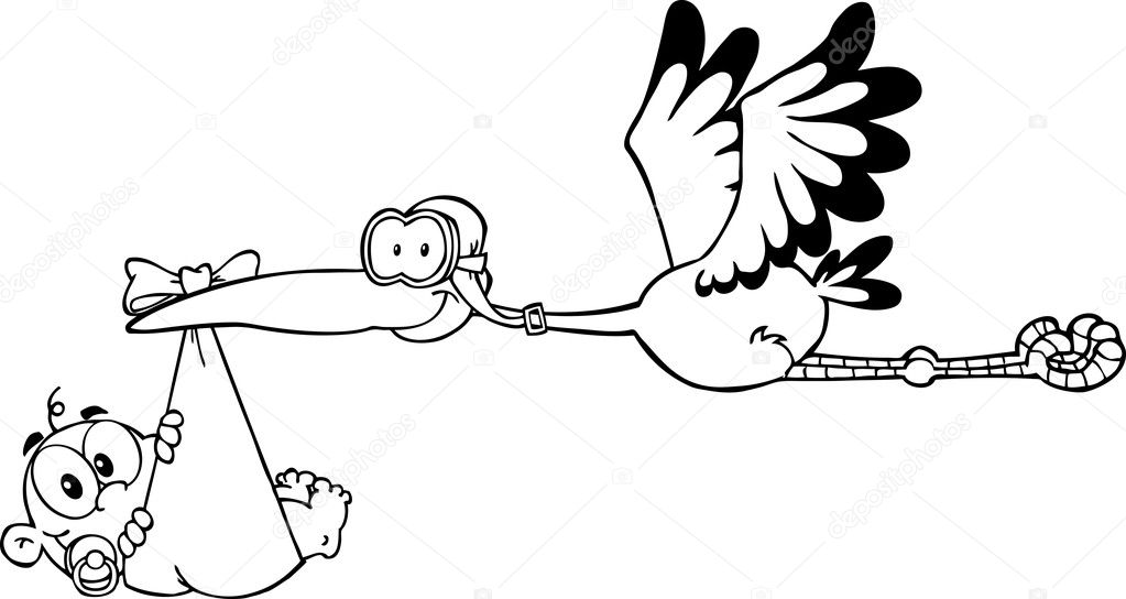 Outlined Baby Adoption Stork With A Child