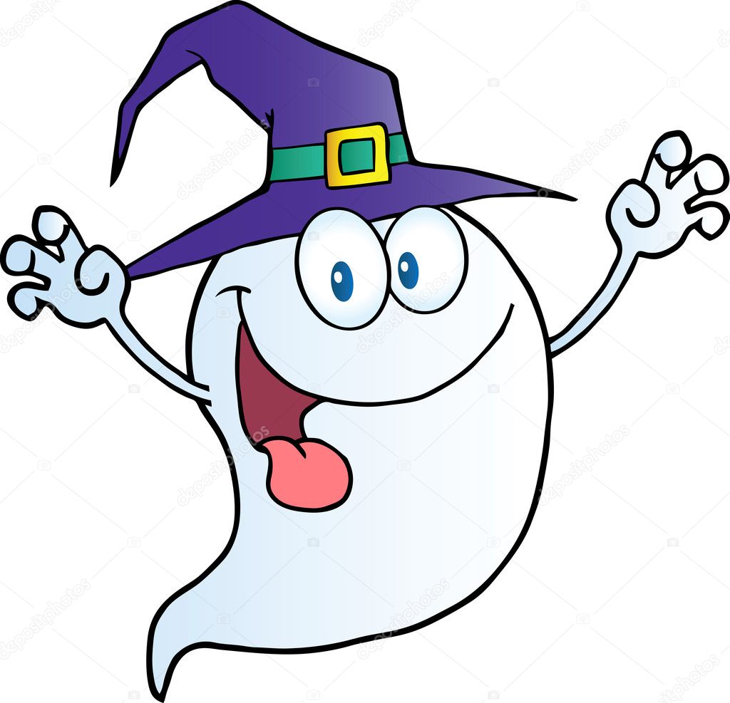 Ghost Holding His Hands Up And Wearing A Witch Hat