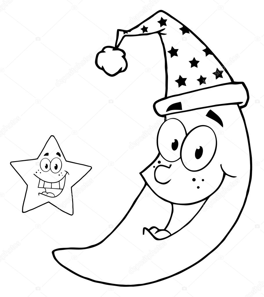 Outlined Star By A Happy Crescent Moon Wearing A Night Cap