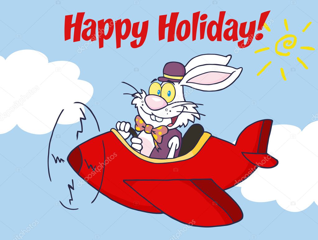 Happy Holidays Greeting Over An Easter Bunny Flying A Red Airplane