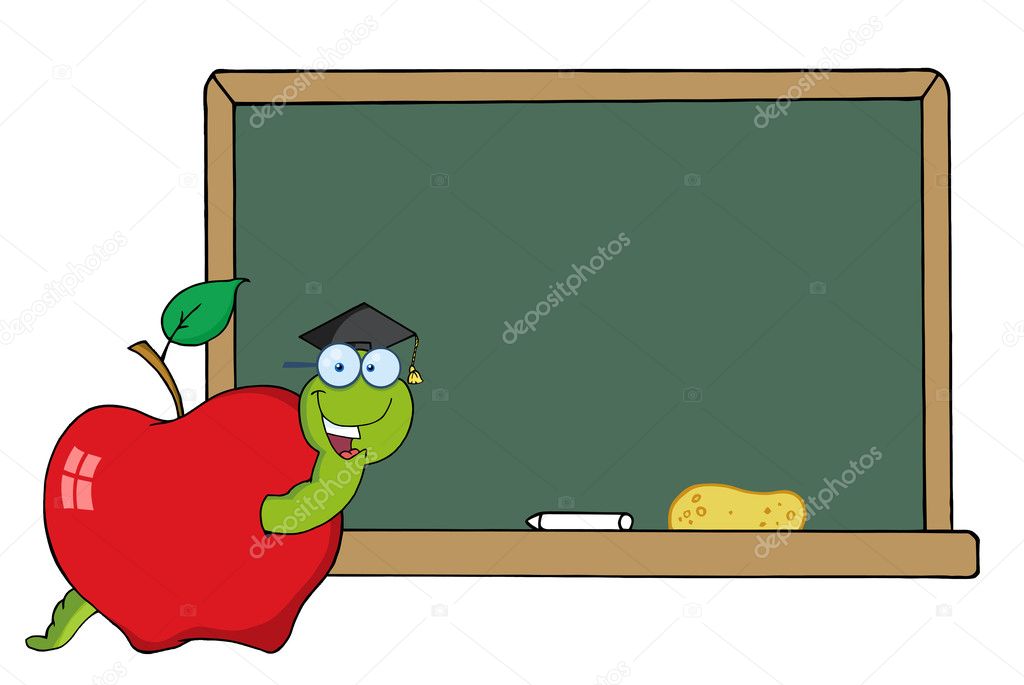 Happy Student Worm In An Apple By A Chalkboard