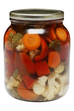 Glass jar of carrot, peper, and cauliflower mix. clipart