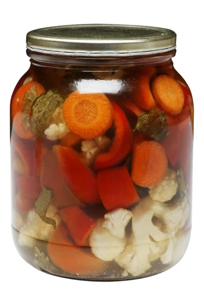胡萝卜、 纸和花椰菜组合的玻璃罐. — 图库照片