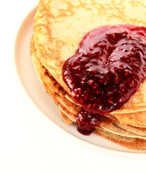 Pancakes and raspberry jam . — Stock Photo, Image
