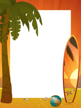 palmiye ağacı ve sörf tahtası portre ile yaz gün batımı kenarlık