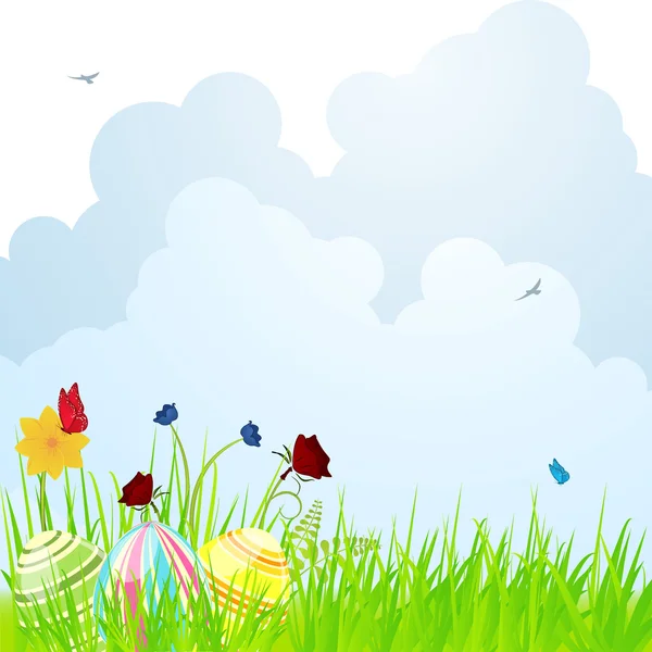 复活节彩蛋和春天花背景 — 图库矢量图片