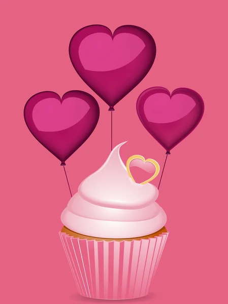 Cupcake y globos en forma de corazón — Vector de stock