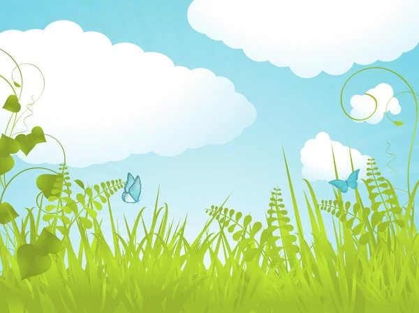 Tranquil spring background with fluffy clouds — Stock Vector