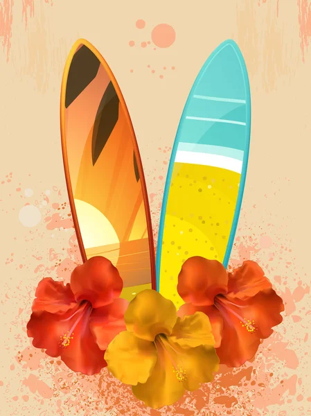 Hibiscus flores y tablas de surf — Vector de stock