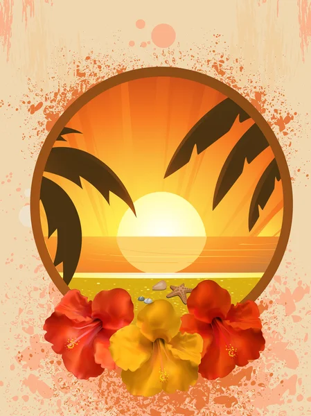 Tropical beach scene and hibiscus flowers — Stock Vector