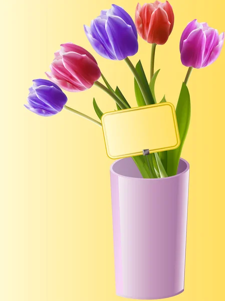 Tulipanes en un jarrón rosa con tarjeta de regalo — Archivo Imágenes Vectoriales