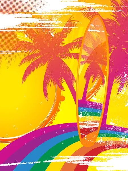 Prancha de surf e arco-íris tropical —  Vetores de Stock