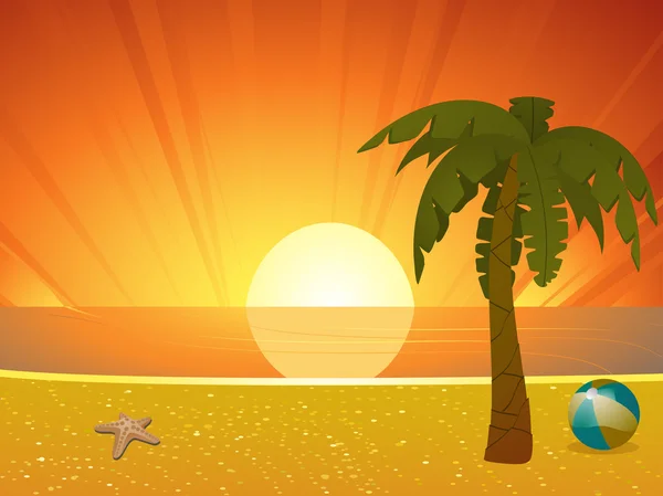 Praia do pôr do sol de verão com palmeira — Vetor de Stock