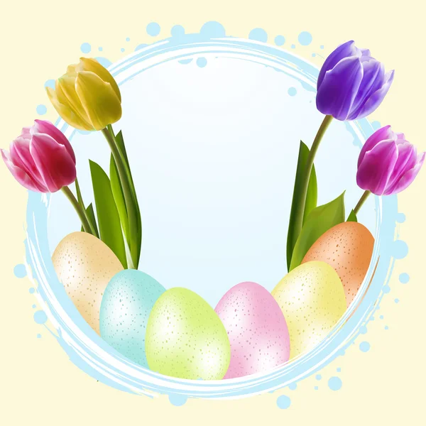 Nakrapiane jaja wielkanocne i tulipany — Wektor stockowy