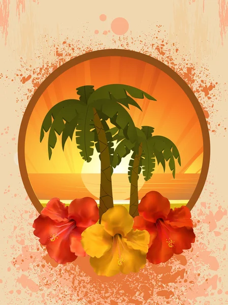 Hibiscus flowers and palm trees — Stock Vector