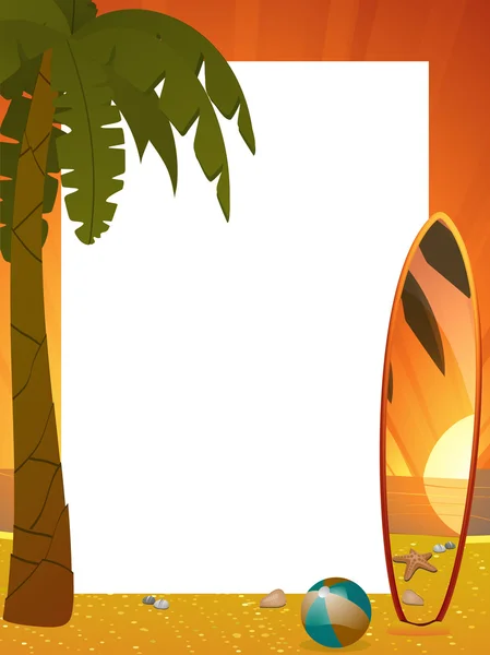 Bordo del tramonto estivo con palma e tavola da surf ritratto — Vettoriale Stock