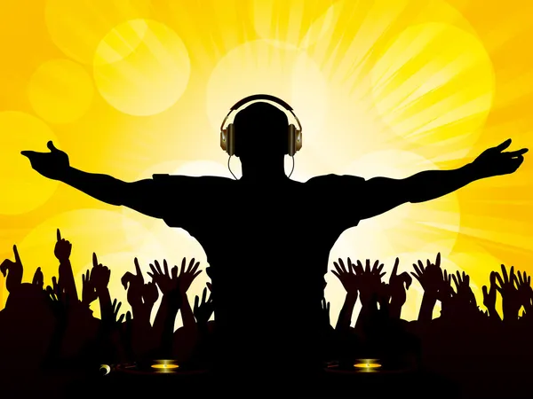 DJ y multitud sobre fondo amarillo — Vector de stock